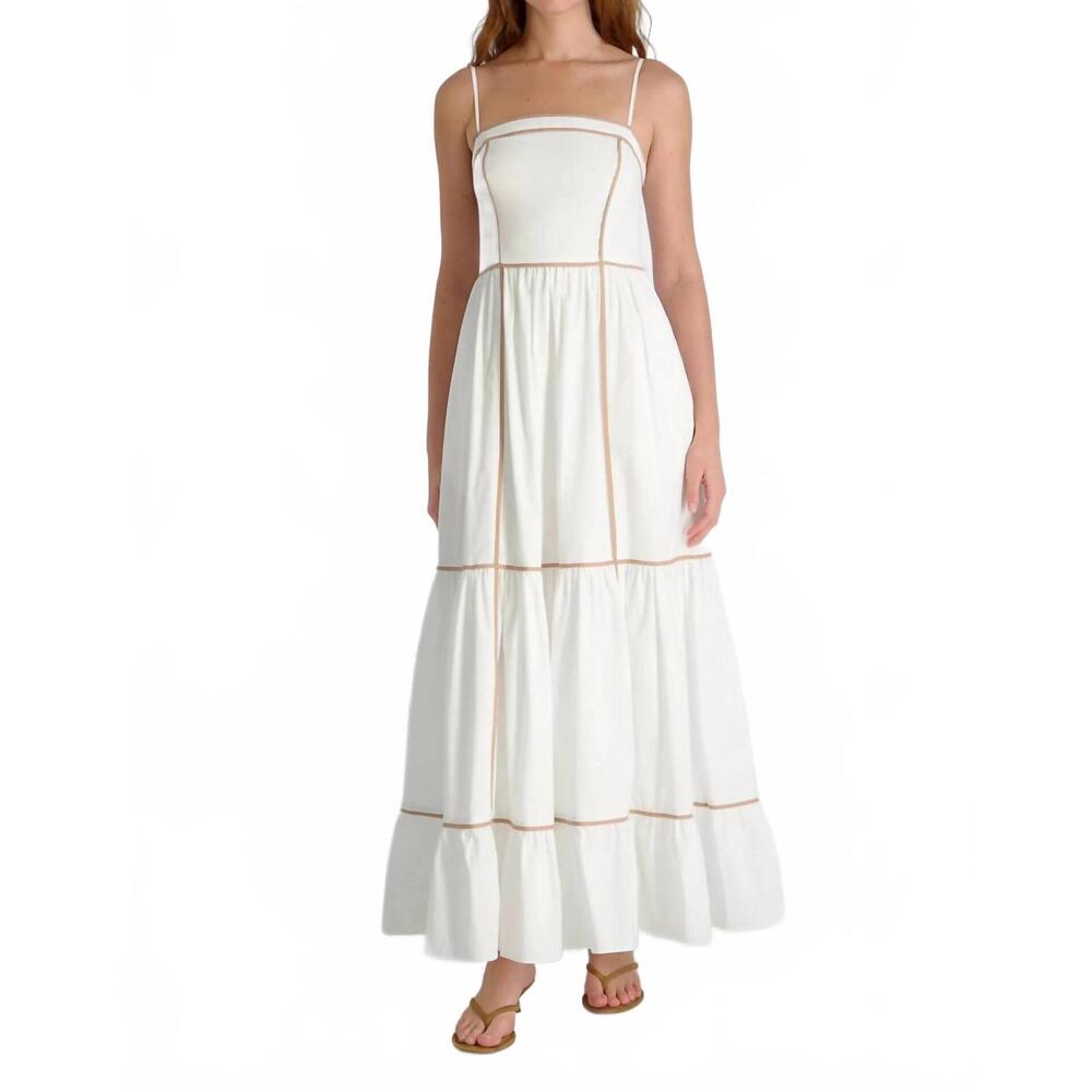 NEW FRENCH CONNECTION cambria contrast trim maxi dress in summer white/almond nu - Picture 3 of 5